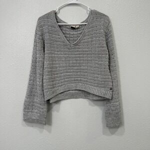 Roxy Womens Gray V-Neck Cropped Chunky Knit Pointelle Sweater Size Medium